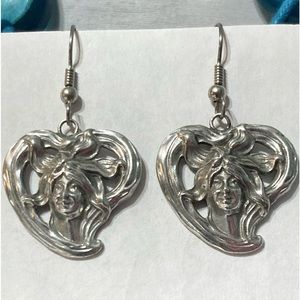 Vintage Art Nouveau Lady Head in Heart Foliate Silver Dangle Earrings